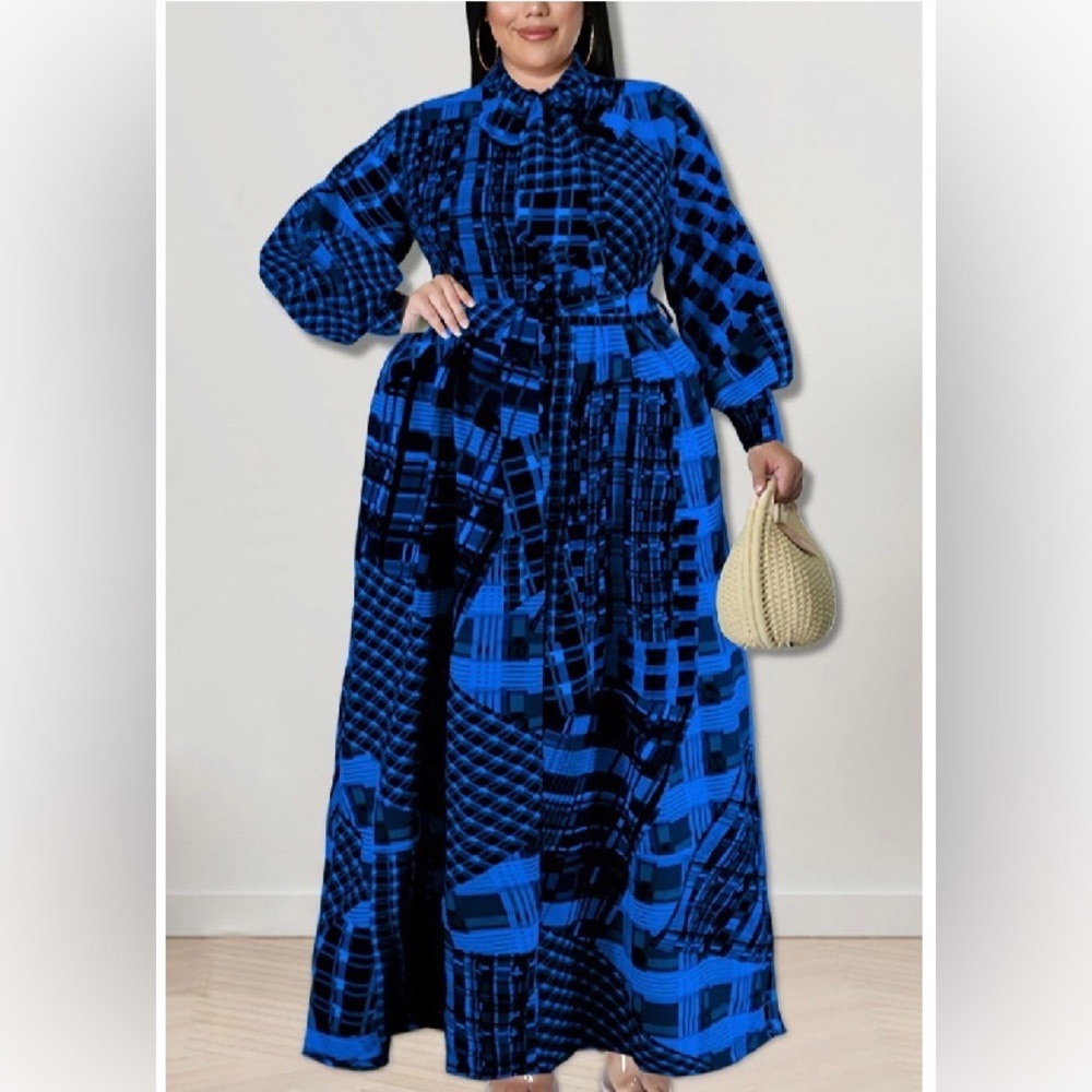 4X-5X Elle Blue & Black Geo Print Dress with Belt